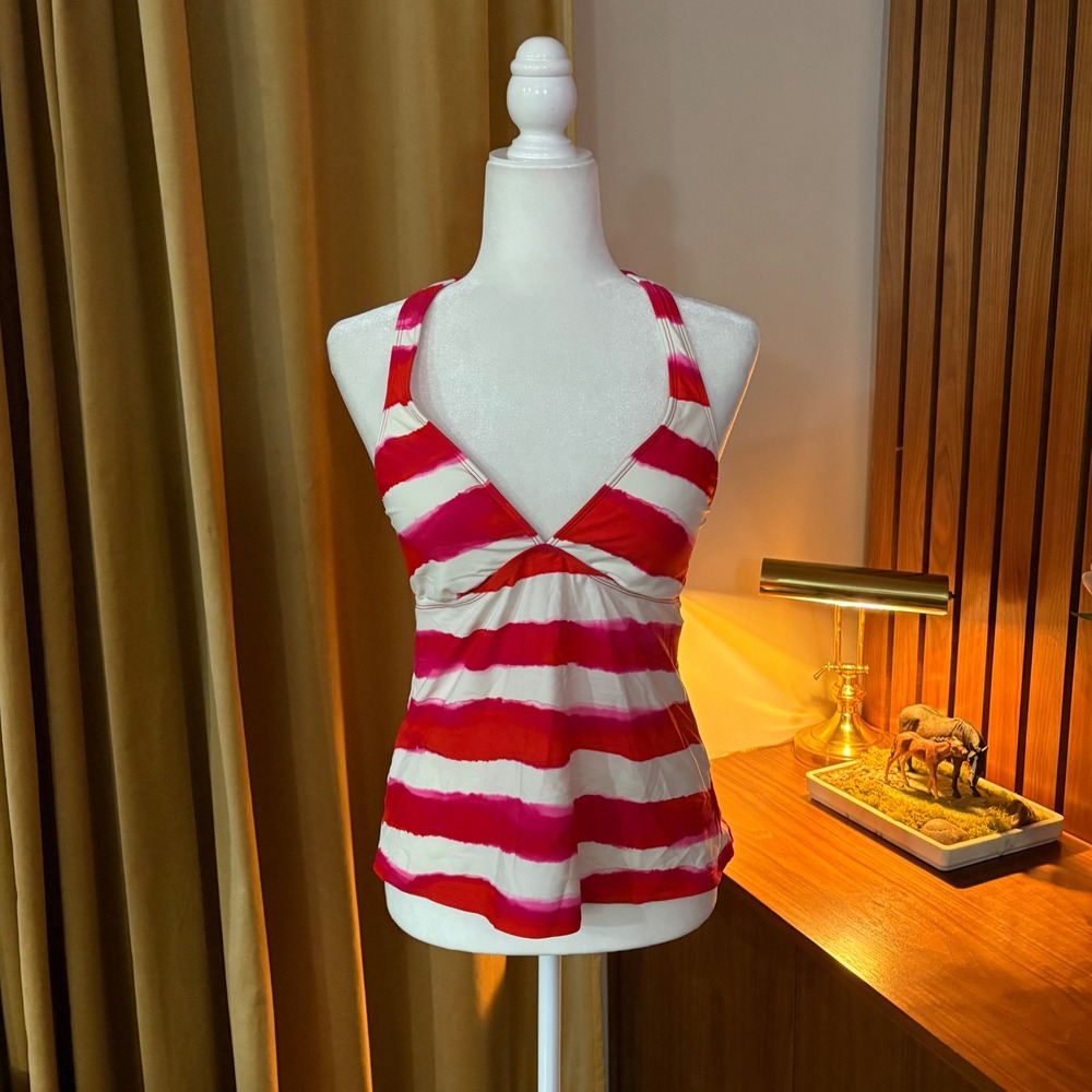 Chaps Womens Pink Red Tie Dye Striped Halter Tankini Swim Top Size 10